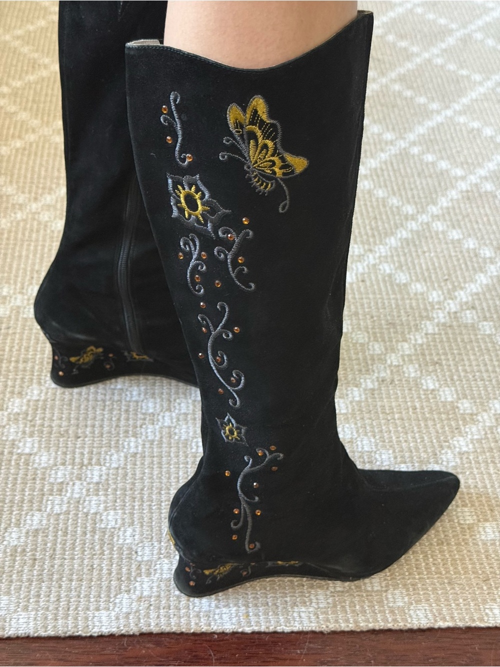 Donald Pliner Black Suede Embroidered Pointed-Toe Knee High Wedge Boots - Picture 5 of 7
